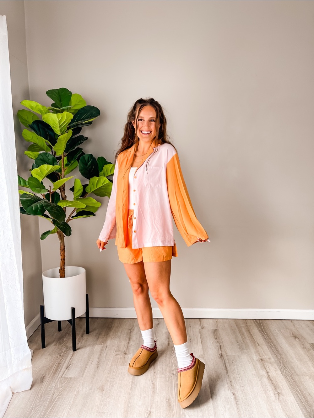 Pink and Orange Two-Tone Women's Shirt and Short Set